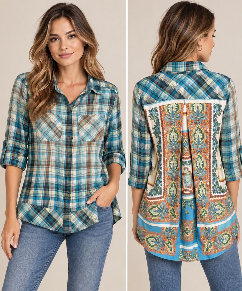 Aratta Silent Journey Plaid Button Up Mixed Media Shirt Women's Small Satin Back